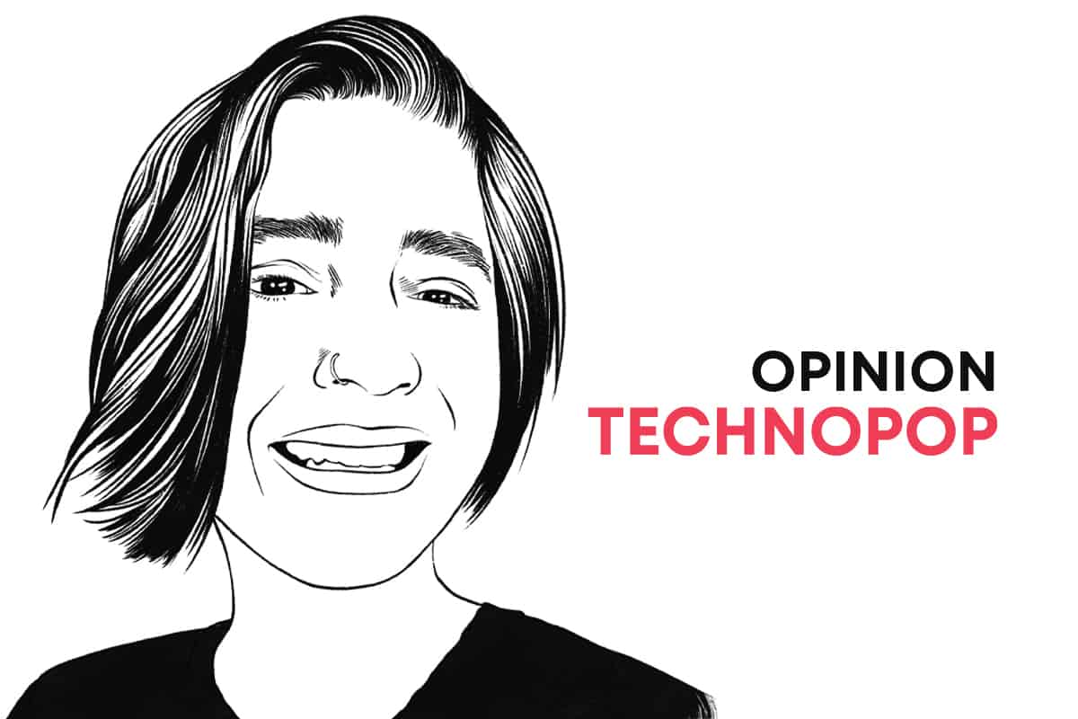 Logo de la chronique Technopop. Portrait illustré de la journaliste Gabrielle Anctil en noir et blanc.