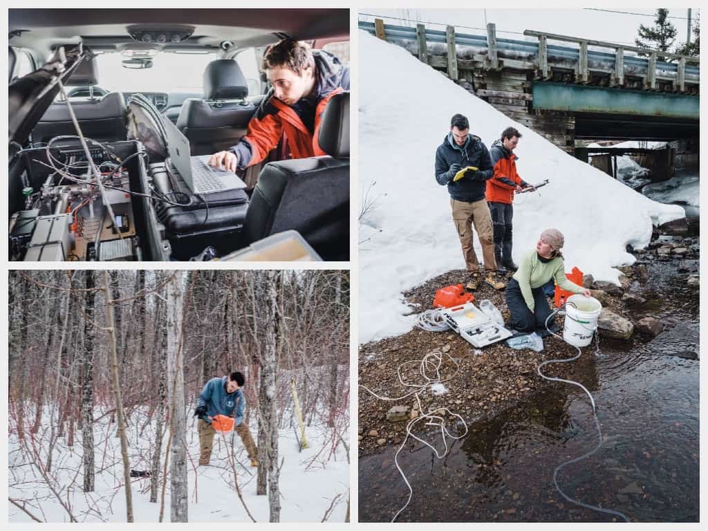 Mosaïque de trois photos montrant les scientifiques sur le terrain.