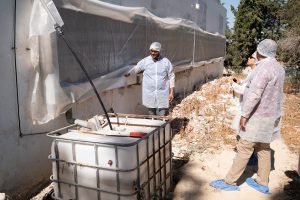 Photo prise à l'extérieur de la ferme. Trois personnes portant des vêtements et bonnets de protection observent une citerne d'eau reliée au bâtiment par un tuyau.