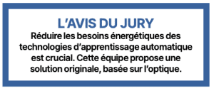 L'AVIS DU JURY Réduire les besoins énergétiques des technologies d’apprentissage automatique est crucial. Cette équipe propose une solution originale, basée sur l’optique.