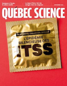 Page couverture du magazine. Dans le haut, le logo de Québec Science. Au centre, photo d'un condom emballé. Sur l'emballage, on peut lire "Gonorrhée, chlamydia, syphilis - L'épidémie silencieuse des ITSS"