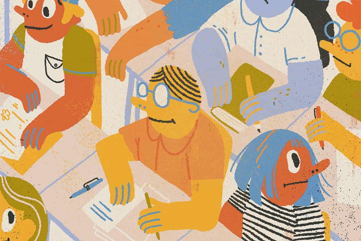 Illustration: un personnage en classe, portant des lunettes, entouré d'autres élèves.
