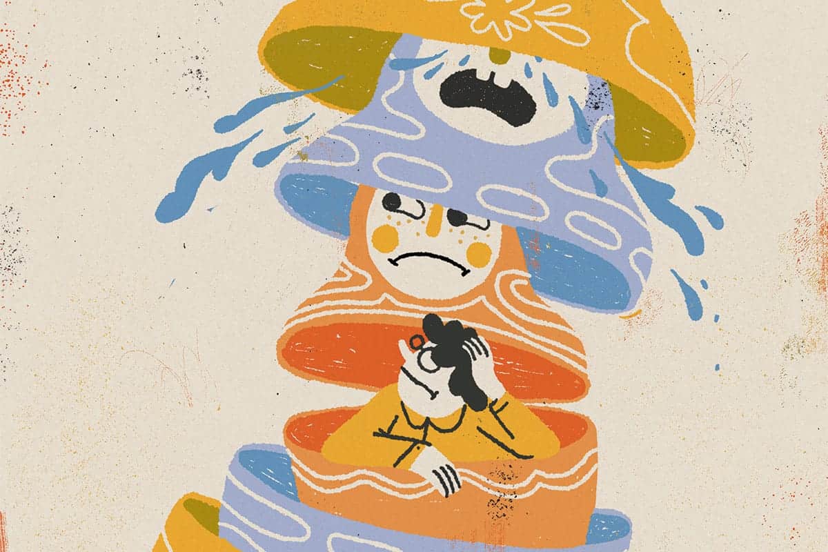 Illustration: une poupée russe s'ouvre, révélant plusieurs poupées au visage différent. Un personnage se trouve au centre des poupées.