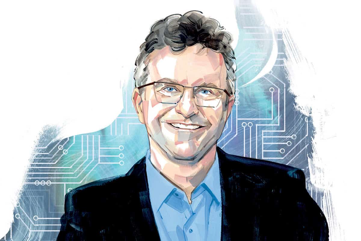 Illustration à l'aquarelle. Portrait de Pierre Martin Tardif, professeur au Département des systèmes d’information et méthodes quantitatives de gestion à l’École de gestion de l’Université de Sherbrooke. Il porte une chemise bleue, un veston noir, des lunettes. Il a les cheveux courts, foncés et frisés. La texture en arrière-plan, dans des tons de bleus, rappelle des circuits électroniques.