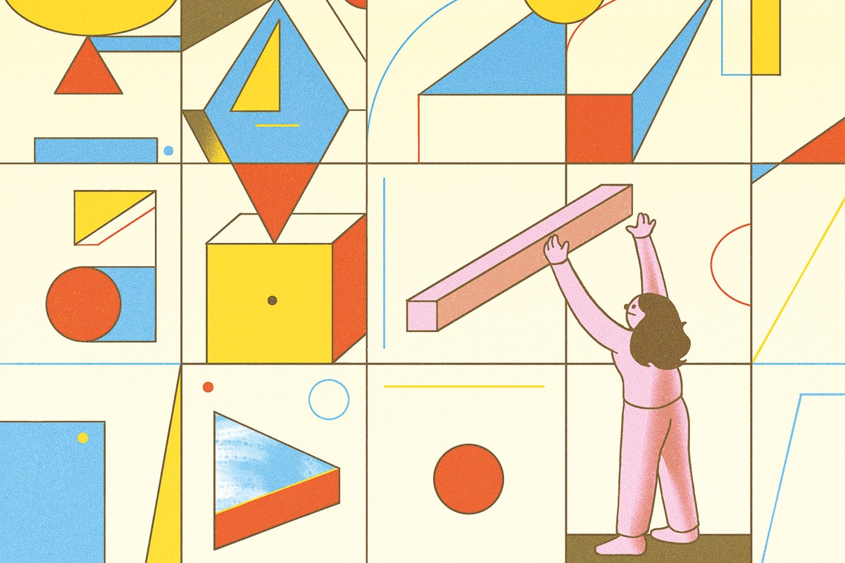 Illustration sur fond. De grands carrés forment une grille. Dans chaque carré, il y a des formes géométriques en 2 ou en 3 dimensions, de couleurs primaires. Dans le coin inférieur droit, un personnage aux cheveux longs est tourné vers une barre située plus haut que lui. Le personnage tente de l'atteindre en levant les bras.