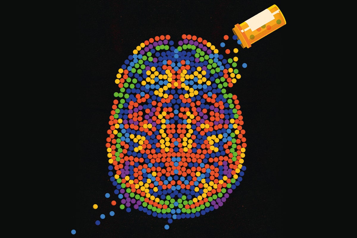 Illustration symbolique sur fond noir. Dans le coin supérieur droit, un pot de médicaments laisse échapper de petits cercles multicolores. Leur accumulation dans le centre de l'image forme le dessin d'un cerveau vu de haut.