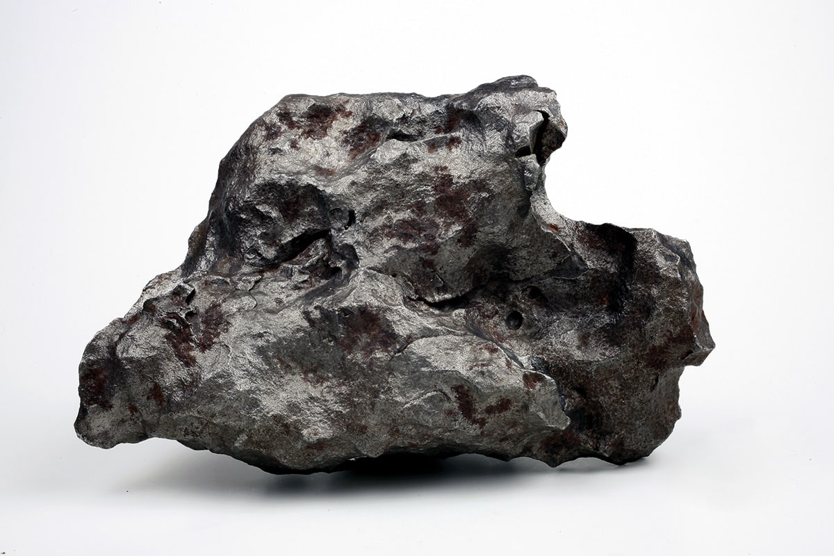 Photo d'une météorite posée devant sur un fond blanc. La forme est irrégulière et sa surface est très bosselée. Elle est noire et assez brillante, avec des taches brunes.