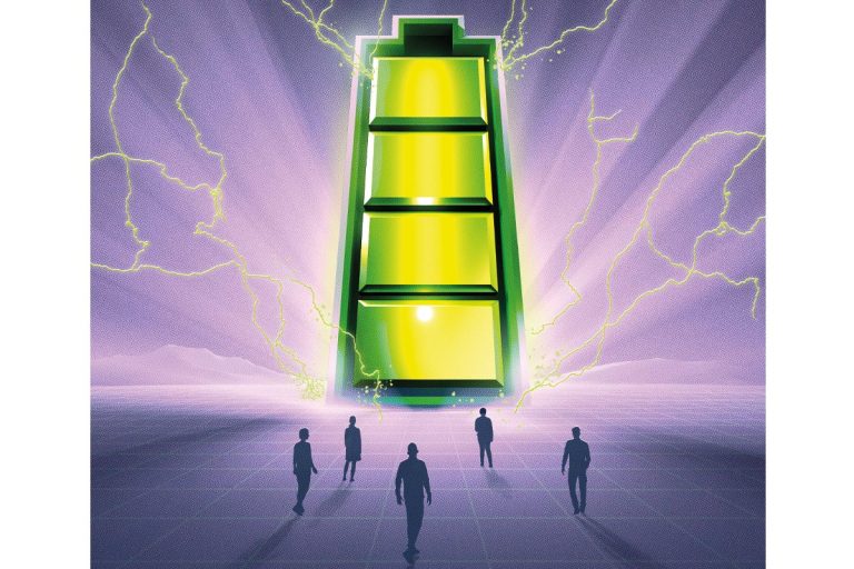 Illustration: une batterie géante, de bout, émettant de la lumière. Des silhouettes humaines beaucoup plus petites s'avancent vers la batterie.