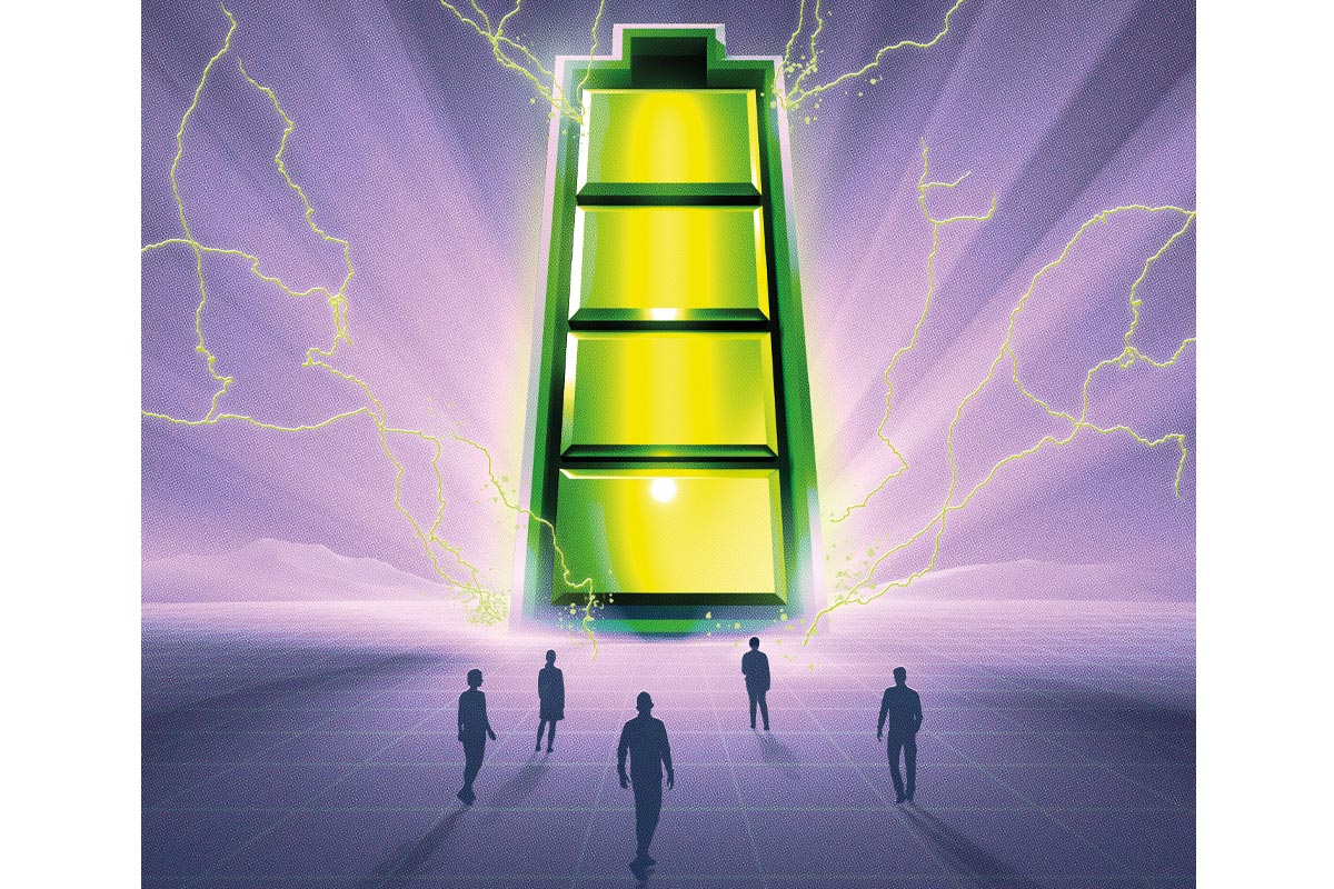 Illustration: une batterie géante, de bout, émettant de la lumière. Des silhouettes humaines beaucoup plus petites s'avancent vers la batterie.