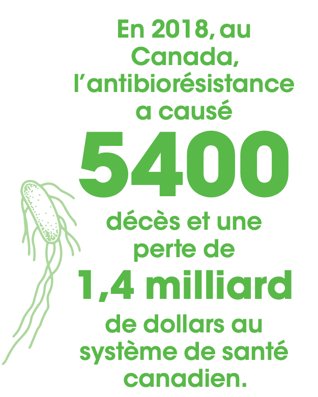 Exergue: En 2018, au Canada, l'antibiorésistance a causé 5400 décès et une perte de 1,4 milliard de dollars au système de santé canadien.