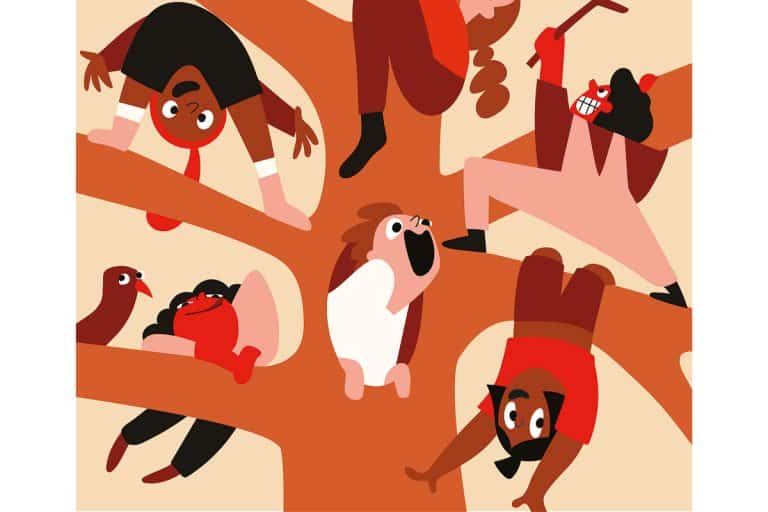 Illustration. Plusieurs enfants qui s'amusent dans un arbre. Chacun est sur une branche et se tient dans une position différente.