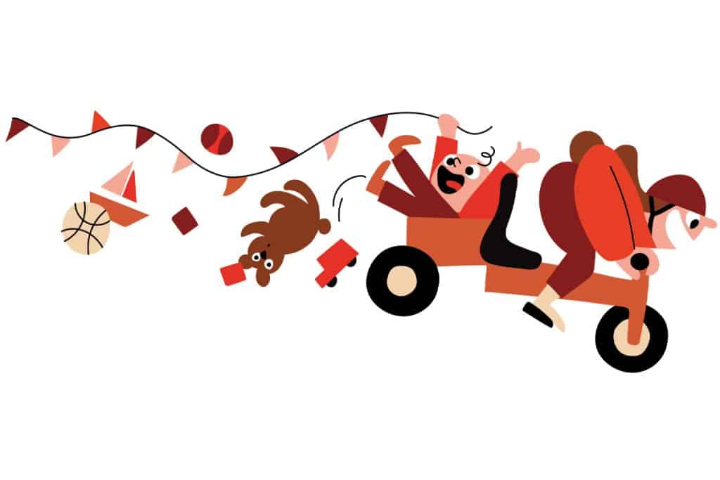 Illustration. Un enfant à bicyclette tire derrière lui un bébé couché dans une remorque. Ils vont visiblement vite, car des jouets variés tombent de la remorque (toutou, balle, ballon). Ils s'amusent.
